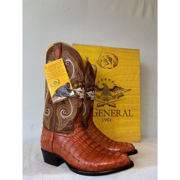 El General Cowboy Boots Exotic Leather Brown/red Croc Back Mens Sz 6 main image 8